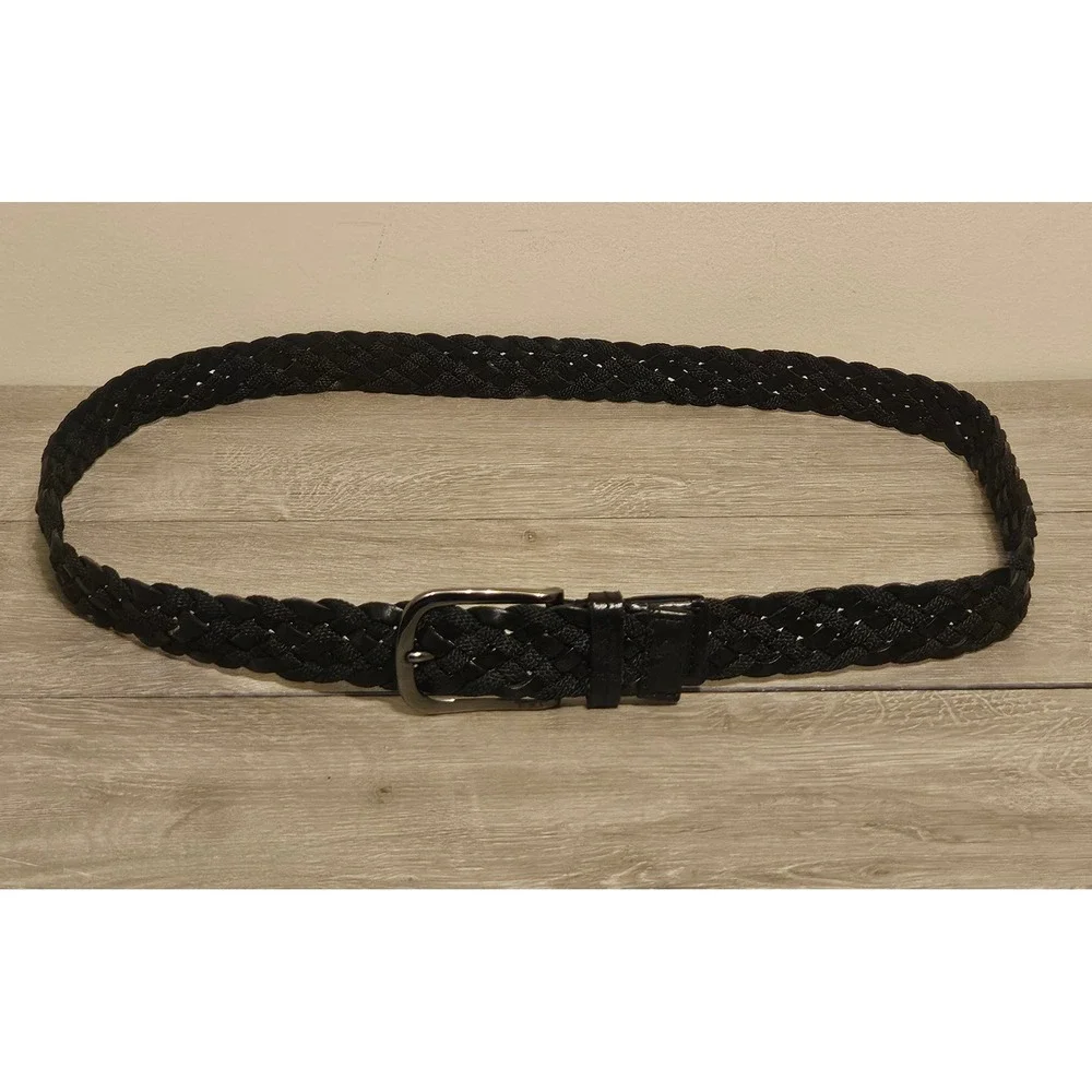 TUMI Mens Braided Leather Belt Black Woven Gunmetal Buckle 15906 Size Large